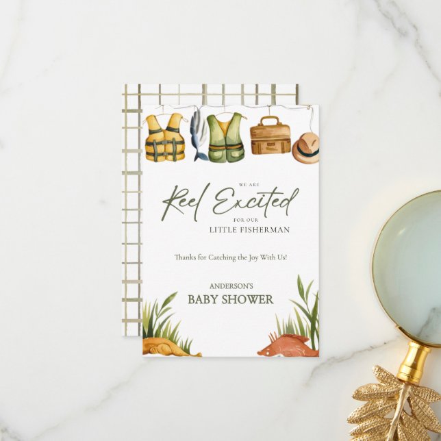 Reel Excited Little Fisherman Baby Shower  Dankeskarte (Vorderseite/Rückseite Beispiel)