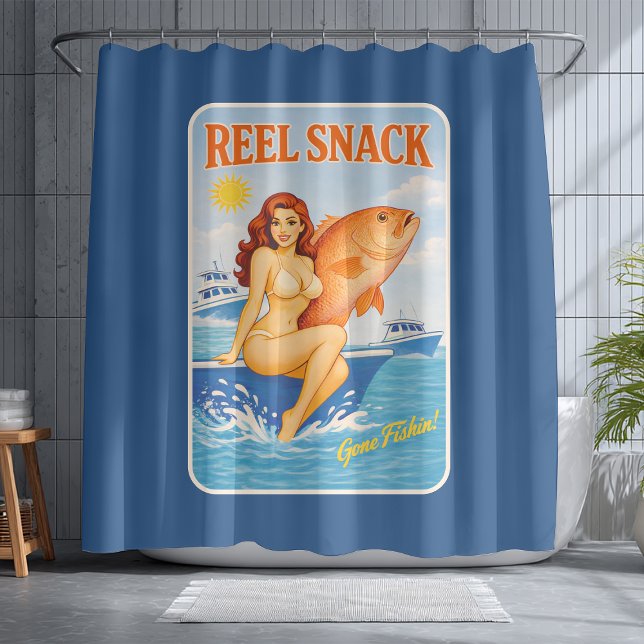 Reel Snack Funny Retro Pin-Up Red Snapper Fishing Duschvorhang (Von Creator hochgeladen)