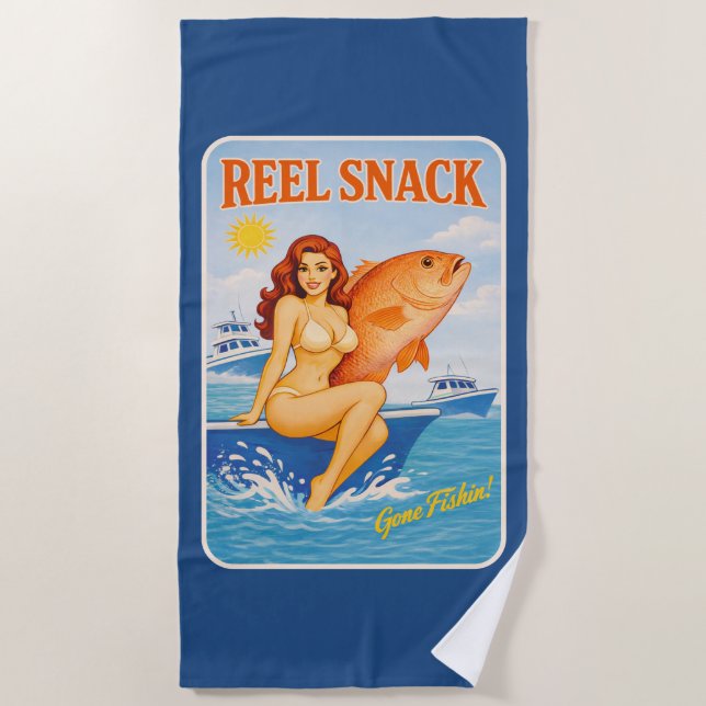 Reel Snack Retro Pin-Up Red Snapper Fishing Boater Strandtuch (Vorderseite)