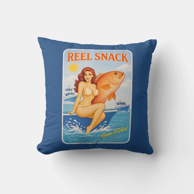 Reel Snack Retro Pin-Up Roter Schnapper Angelboot  Kissen (Vorderseite)