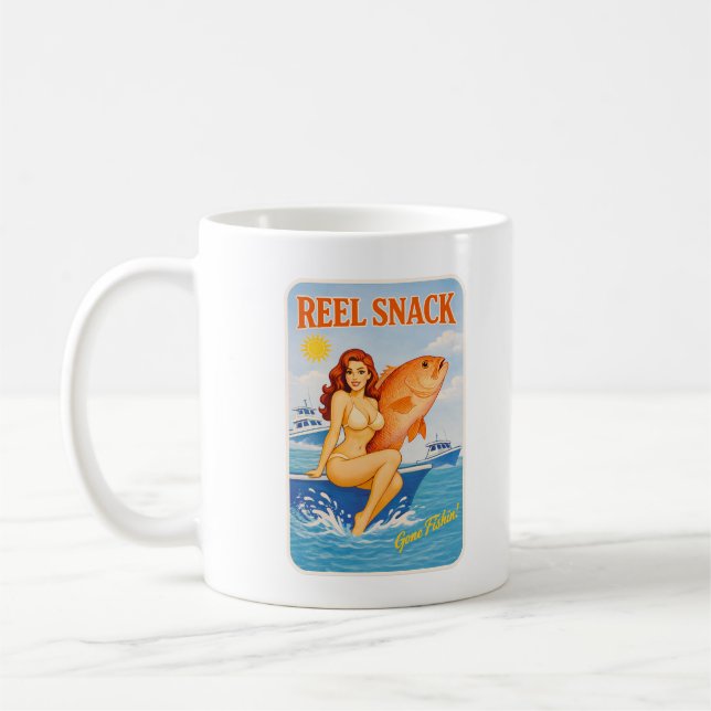 Reel Snack Retro Pin-Up Roter Schnapper Angelbootf Kaffeetasse (Links)