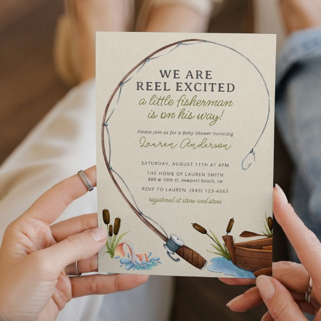 Reel spannende Fisherman Watercolor Babydusche Einladung (Easily personalize this baby shower invitation for a sweet, trendy shower for the little man to come)