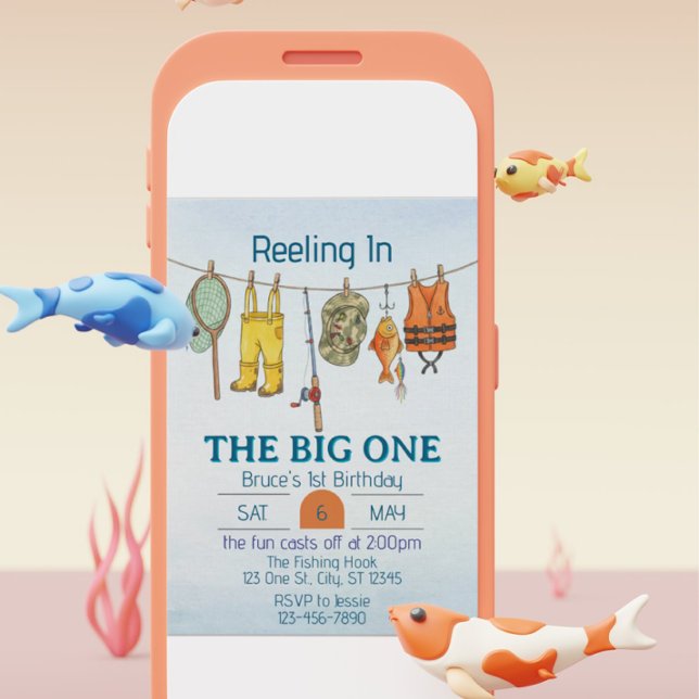 Reeling The Big One, Fishing Line 1st Birthday Einladung (Von Creator hochgeladen)