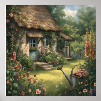 Reetgedecktes Cottage-Gartenplakat mit Stockrosen Poster