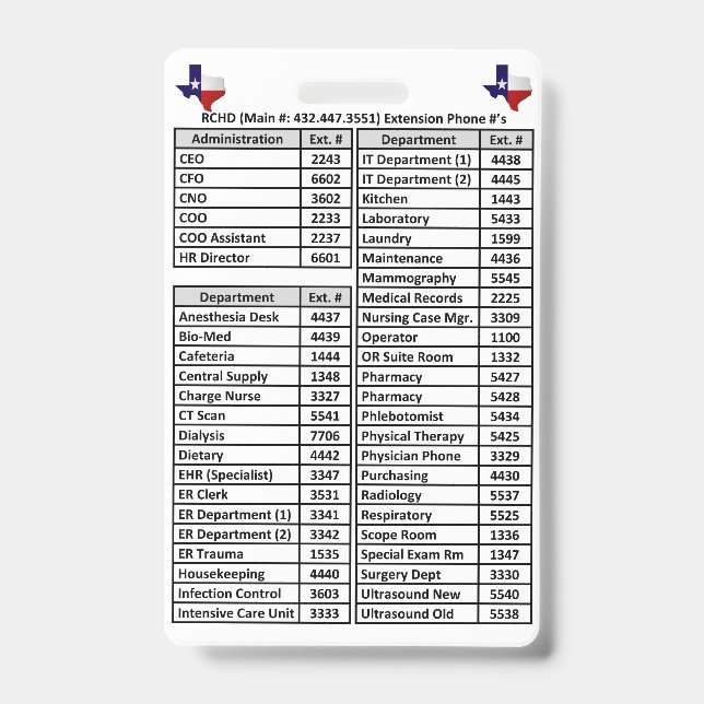 Reeves Landkreis RCHD Telefonnummern Abzeichen Ausweis (Vorderseite)