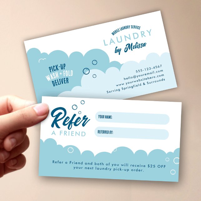 Refer A Friend Mobile Laundry Service Blue & White Empfehlungskarte (Modern mobile laundry service & dry cleaners refer a friend discount cards in blue and white)