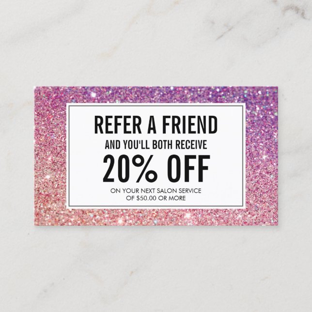Referenzen mit Lila/rosa Glitzer Salon Empfehlungskarte (Vorderseite)