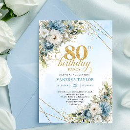 Refined 80th Birthday Invitation Boho Blue White Einladung