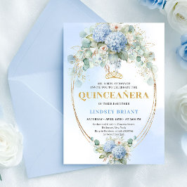 Refined Blue Flowers Gold Quinceañera Invitation Einladung