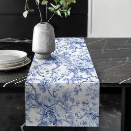 Refined Blue French Toile Roses Floral Table Runne Großer Tischläufer