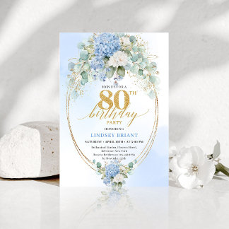 Refined Blue Hydrangea Gold Floral 80th Birthday   Einladung