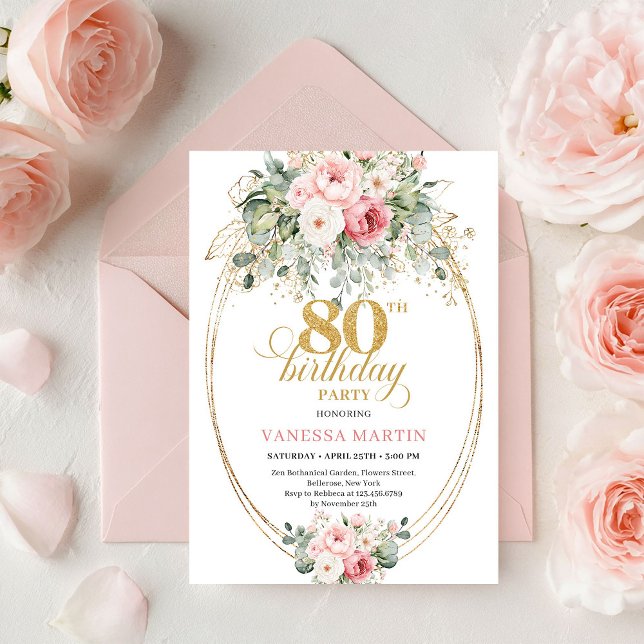 Refined Blush Roses Eucalyptus Gold 80th Birthday Einladung (Refined Blush Roses Eucalyptus Gold 80th Birthday)