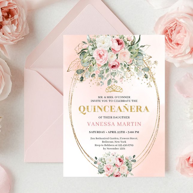Refined Boho Blush Roses Greenery Gold Quinceañera Einladung (Refined Blush Roses Greenery Gold Quinceañera Invite)