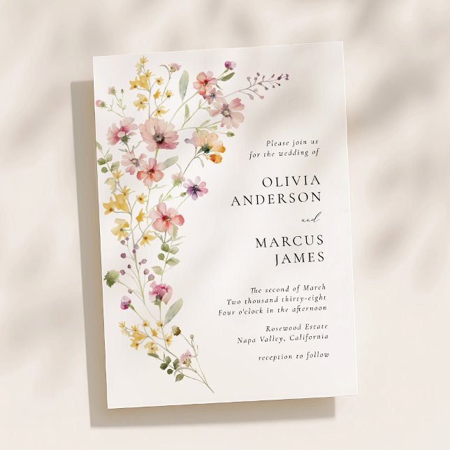 Refined Boho Meadow Wildflower Wedding Invitation Einladung (Soft watercolor wildflower wedding invitation with elegant serif typography and airy floral layout)