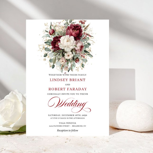 Refined Burgundy White Floral Wedding Invitation Einladung (Refined Burgundy White Floral Wedding Invitation)