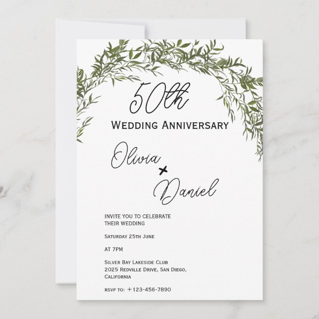 Refined Classic Greenery Wedding Anniversary Einladung (Vorderseite)