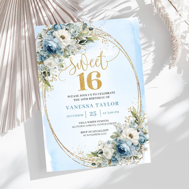 Refined Dusty Blue Greenery Sweet Sixteen Invites Einladung (Refined Dusty Blue Greenery Sweet Sixteen Invitation)