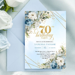 Refined dusty blue watercolor florals 70th birthda einladung