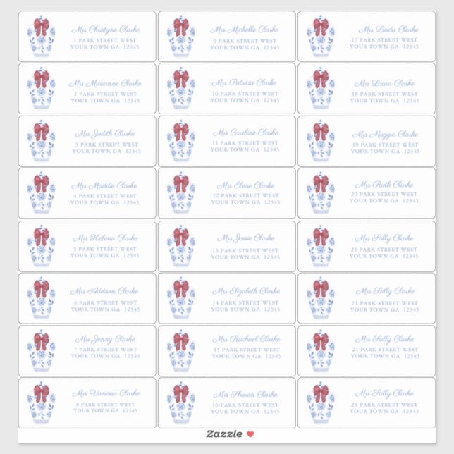 Refined Ginger Jar Red Bow Holiday Cards Adresse Aufkleber (Blatt)