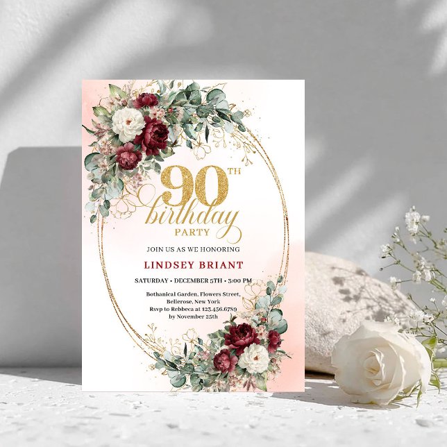 Refined Marsala Peonies Greenery 90th Birthday Einladung (Refined Marsala Peonies Greenery 90th Birthday)