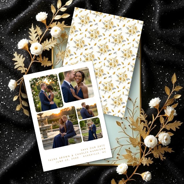 Refined Minimalist 5-Photo Collage Wedding  Save The Date (Refined Minimalist 5-Photo Collage Wedding Save the Date Card Design.)