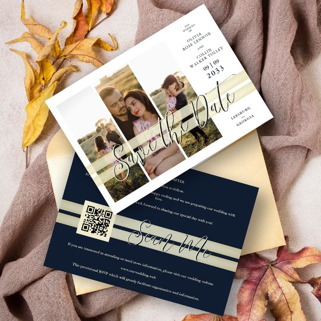 Refined Navy & Gold Elegant Script 3 Multi Photos Save The Date (Refined Navy and Faux Gold Elegant Script 3 Multi Photos Save the Date Card with Envelope)