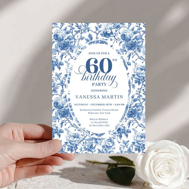 Refined Navy Roses Floral Toile 60th Birthday  Einladung (Refined Navy Roses Floral Toile 60th Birthday Invite)
