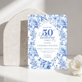 Refined Royal Blue Toile de Jouy Floral 50 Birthd Einladung