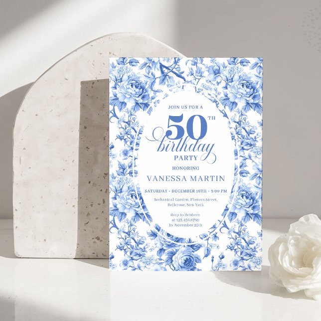 Refined Royal Blue Toile de Jouy Floral 50 Birthd Einladung (Refined Royal Blue Toile de Jouy Floral 50th Birthday)