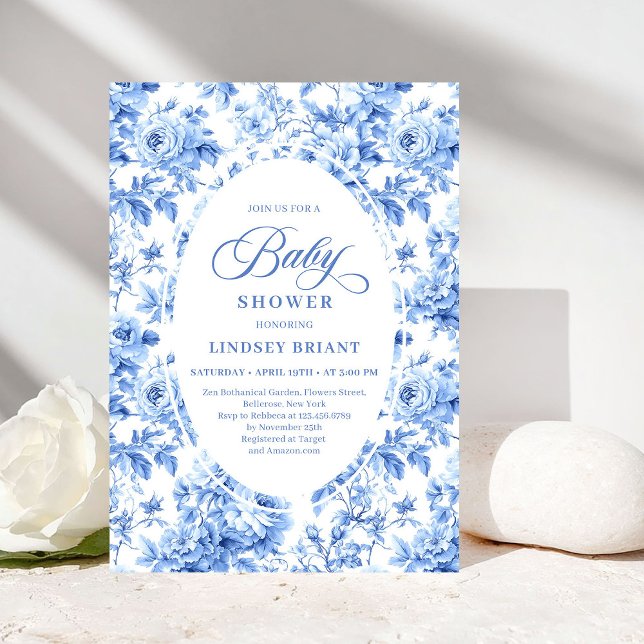 Refined Royal Blue Toile de Jouy Floral Baby Showe Einladung (Refined Royal Blue Toile de Jouy Floral Baby Shower)