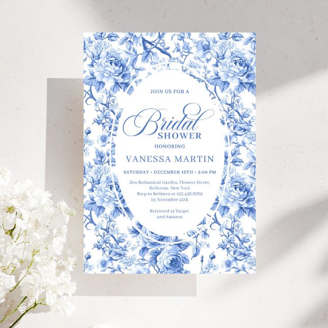 Refined Royal Blue Toile de Jouy Floral Bridal Einladung (Refined Royal Blue Toile de Jouy Floral Bridal Shower)
