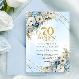 Refined watercolor blue florals gold 70th birthday einladung