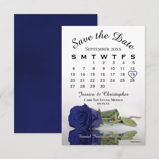 Reflektieren der blauen Rose Eleganter Hochzeitska Save The Date (Vorne/Hinten)