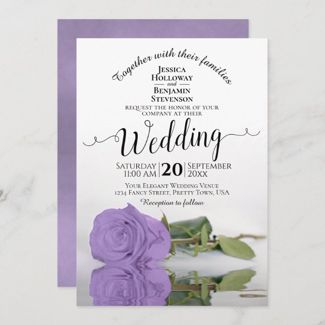 Reflektieren der Lila Rose Lavendel Hochzeit Einladung (Vorne/Hinten)