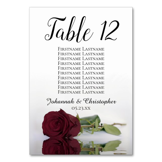 Reflektieren von Burgunder Rose Seating Chart Wedd Tischnummer (Vorderseite)