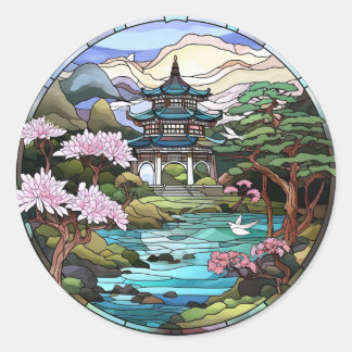 Reflektionen über den Teich: Japanisches Tempelauf Runder Aufkleber