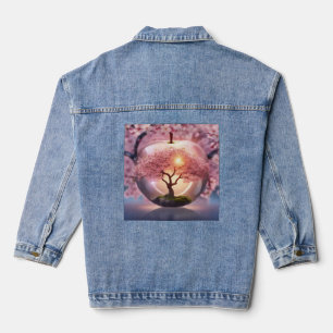 "Reflektive Schönheit: Glasapfel mit Blossom-Baum Jeansjacke