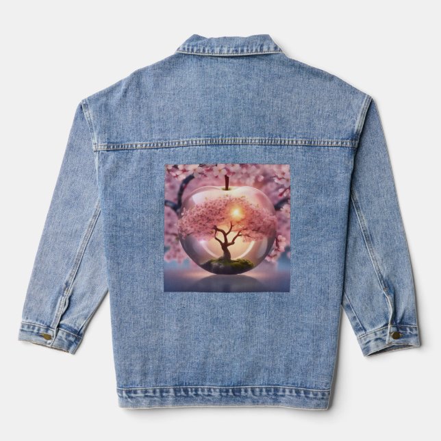 "Reflektive Schönheit: Glasapfel mit Blossom-Baum Jeansjacke (Rückseite)