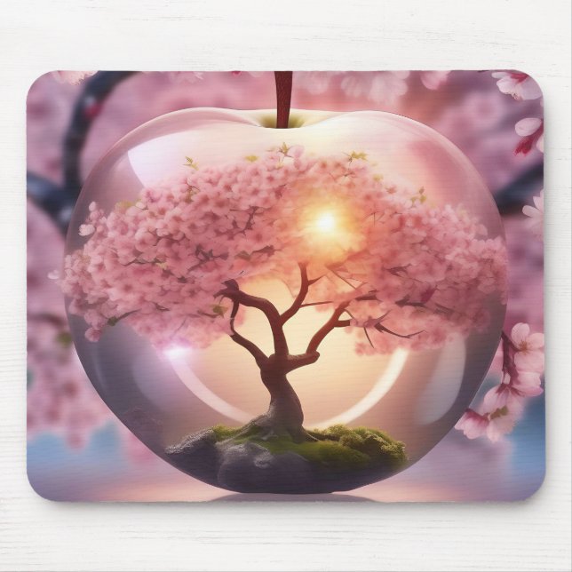 "Reflektive Schönheit: Glasapfel mit Blossom-Baum Mousepad (Vorne)