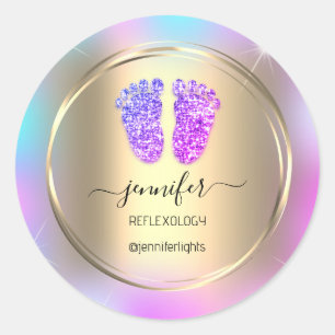 Reflexologie Baby Feet Gold Holograph Gold Lila Runder Aufkleber