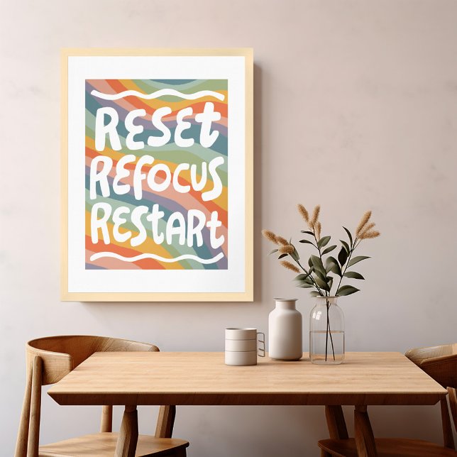 REFOCUS RETART NEUSTART Farbige Fun Bubble Letters Poster (RESET REFOCUS RESTART Colorful Fun Bubble Letters Poster Wall Art Motivational Rainbow Handlettering)