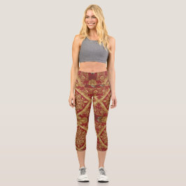 Regal Activewear: Golden Red Ornate Mara Trumpet Capri Leggings