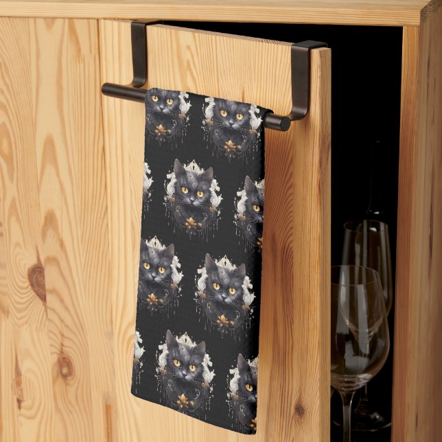 Regal Black Cat Rhinestones Muster Halloween Geschirrtuch (Drittel gefaltet)