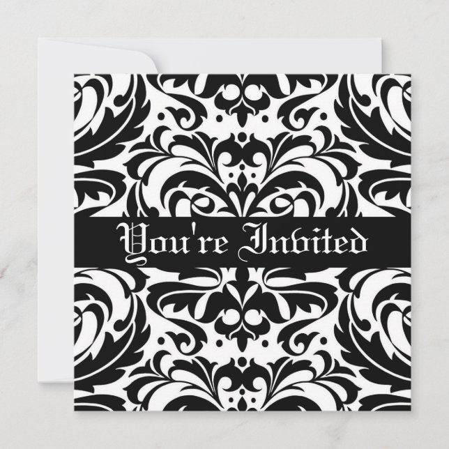 Regal Black & White Damask Scroll Einladung (Vorderseite)