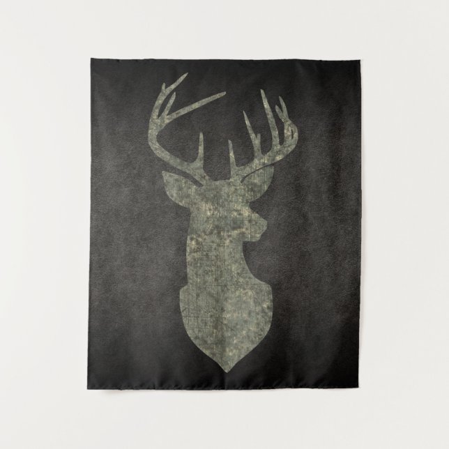 Regal Buck Trophy Deer Silhouette in Camouflage Wandteppich (Vorderseite)