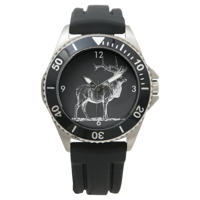 Regal Bull Elk in Schwarz und Weiß Armbanduhr (Vorderseite)