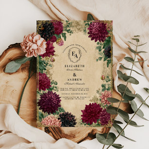 Regal Burgundy Dahlias mit Verziertem Goldrahmen Einladung