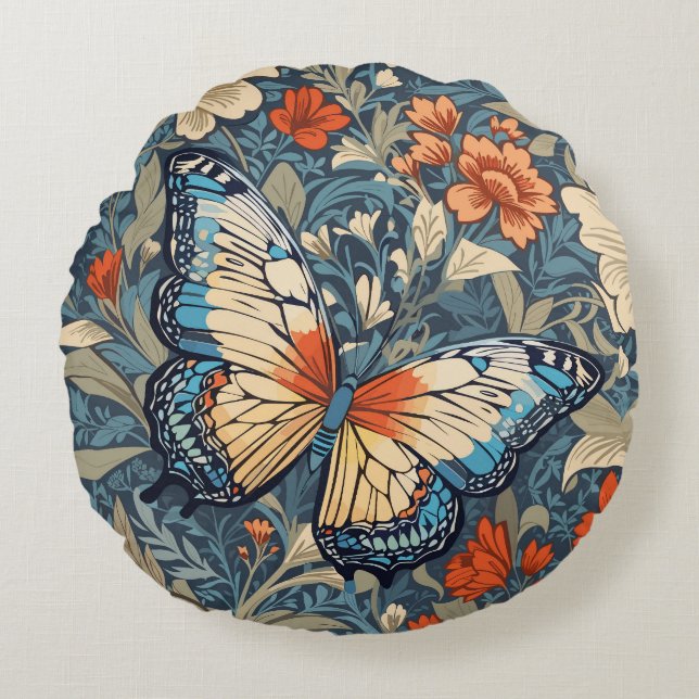 Regal Butterfly Amidst William Morris Floral Rundes Kissen (Vorderseite)