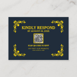 Regal Contrast Midnight Blue & Gold QR RSVP Card Begleitkarte
