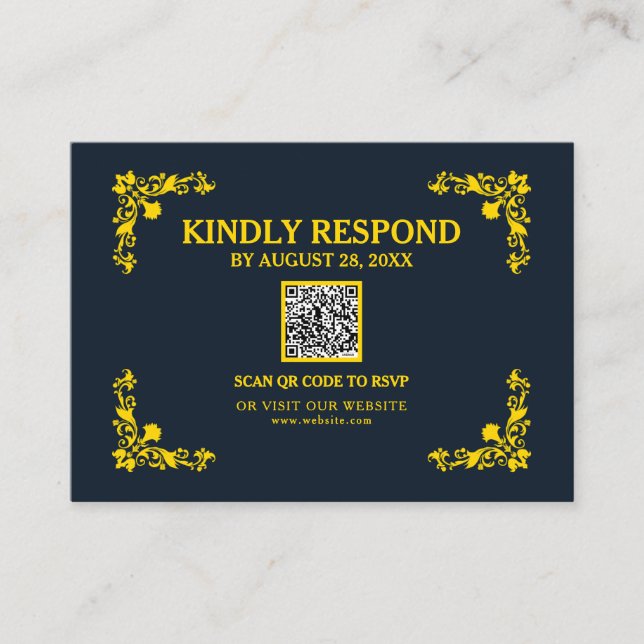 Regal Contrast Midnight Blue & Gold QR RSVP Card Begleitkarte (Vorderseite)